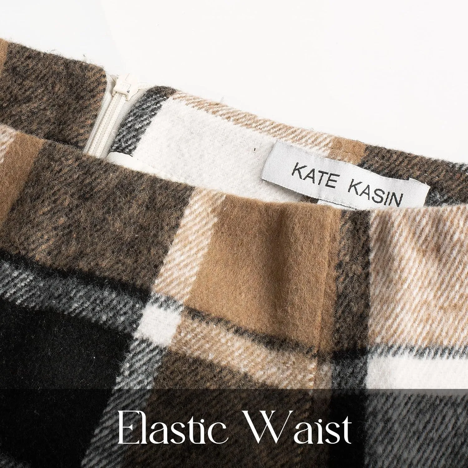 Kate Kasin Womens Wool Plaid Pencil Skirt High Waist Slit Stretchy Bodycon Fall Winter Knee Length Midi Skirt