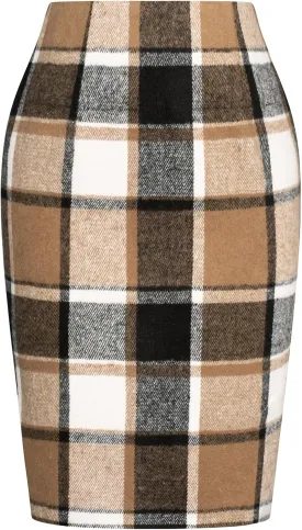 Kate Kasin Womens Wool Plaid Pencil Skirt High Waist Slit Stretchy Bodycon Fall Winter Knee Length Midi Skirt