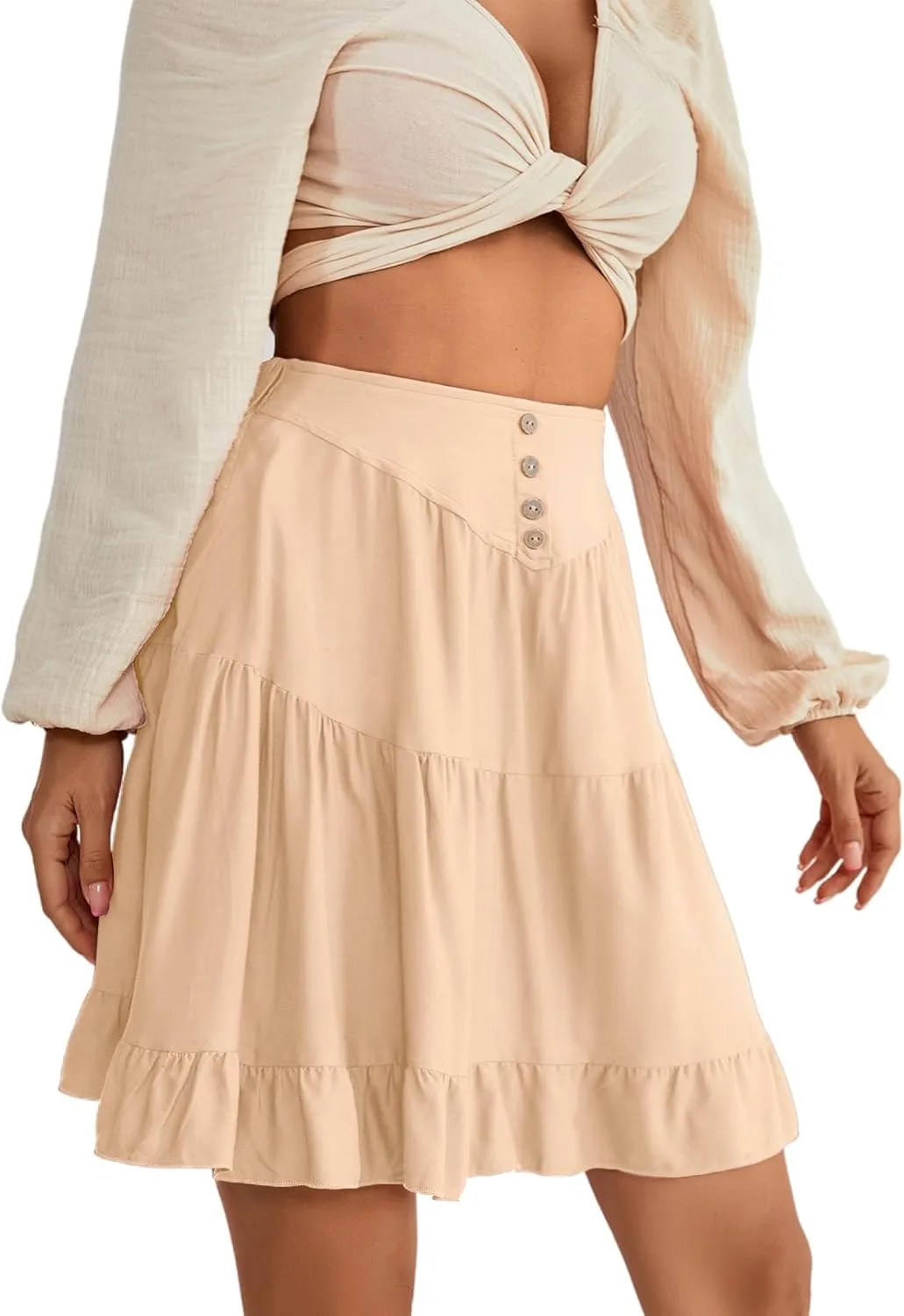 LYANER Women's Casual High Waist A Line Ruffle Hem Swing Skater Short Mini Skirt