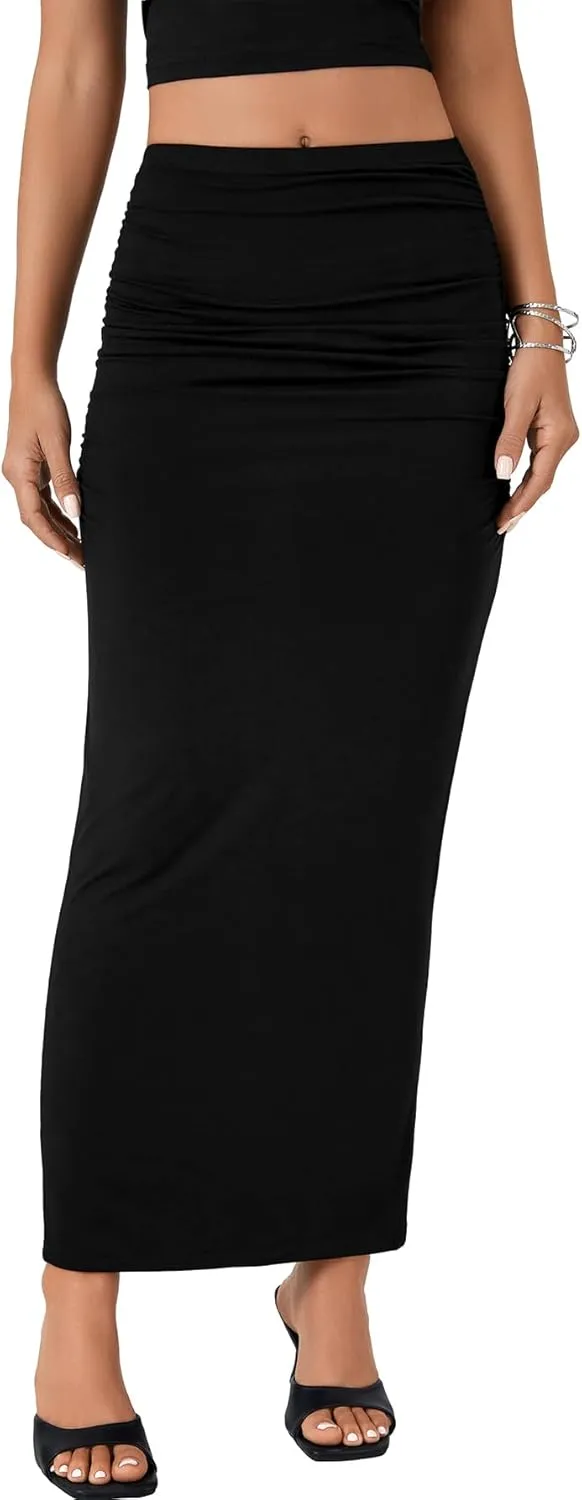 LYANER Women's High Waist Ruched Bodycon Party Maxi Long Pencil Skirt