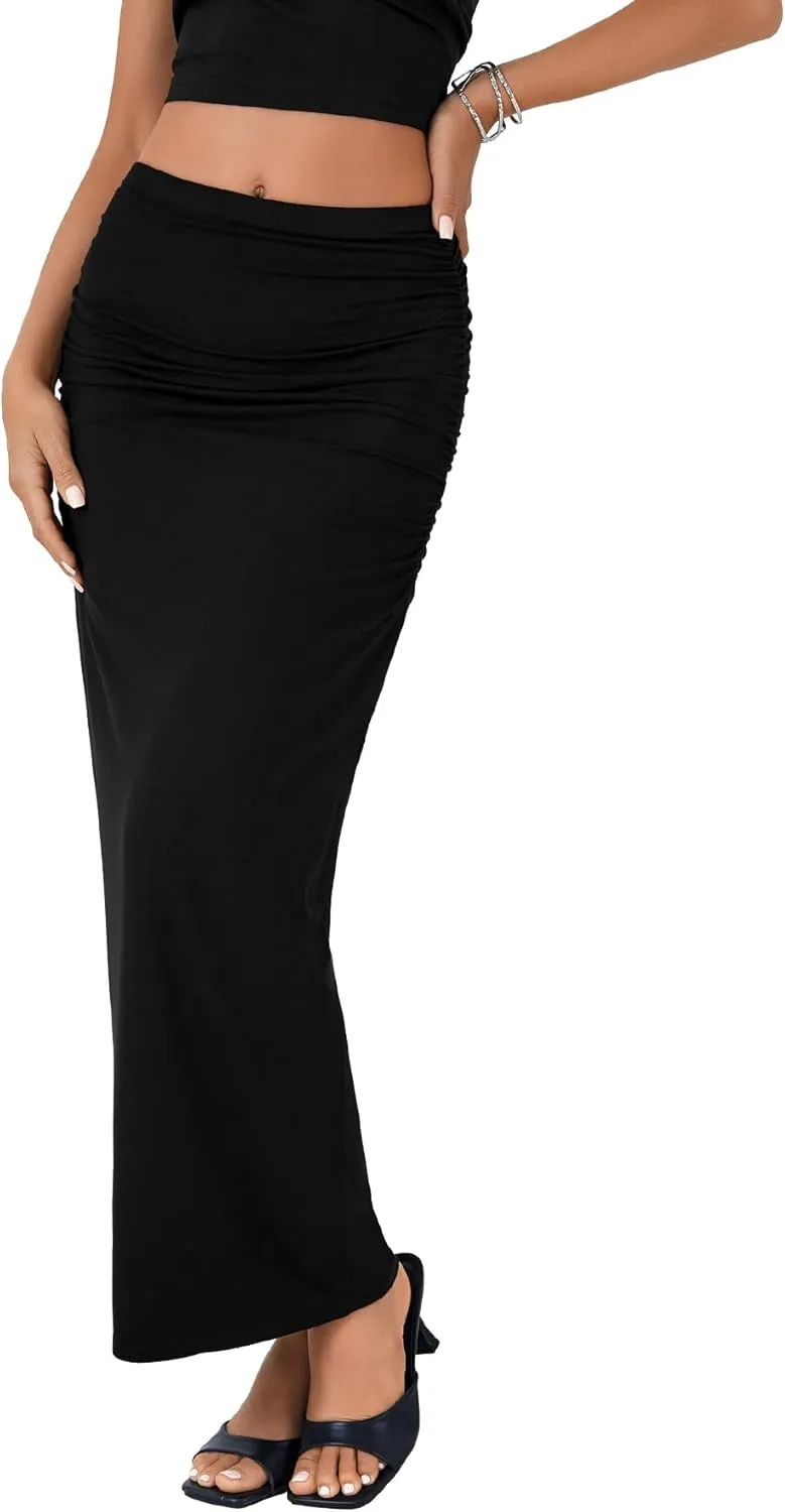 LYANER Women's High Waist Ruched Bodycon Party Maxi Long Pencil Skirt