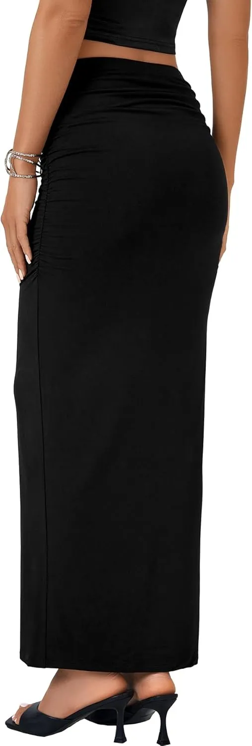 LYANER Women's High Waist Ruched Bodycon Party Maxi Long Pencil Skirt