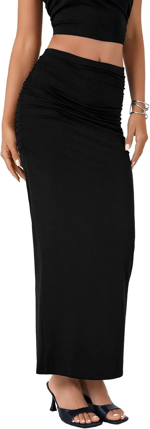 LYANER Women's High Waist Ruched Bodycon Party Maxi Long Pencil Skirt