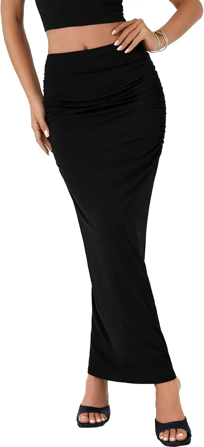 LYANER Women's High Waist Ruched Bodycon Party Maxi Long Pencil Skirt