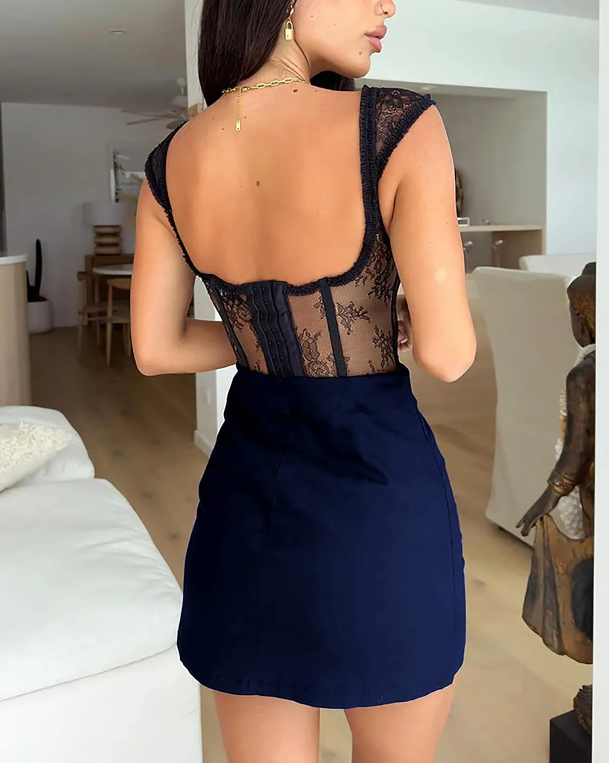 Mini Skirt with Slit High Waist Elastic Bodycon Mini Skort for Women