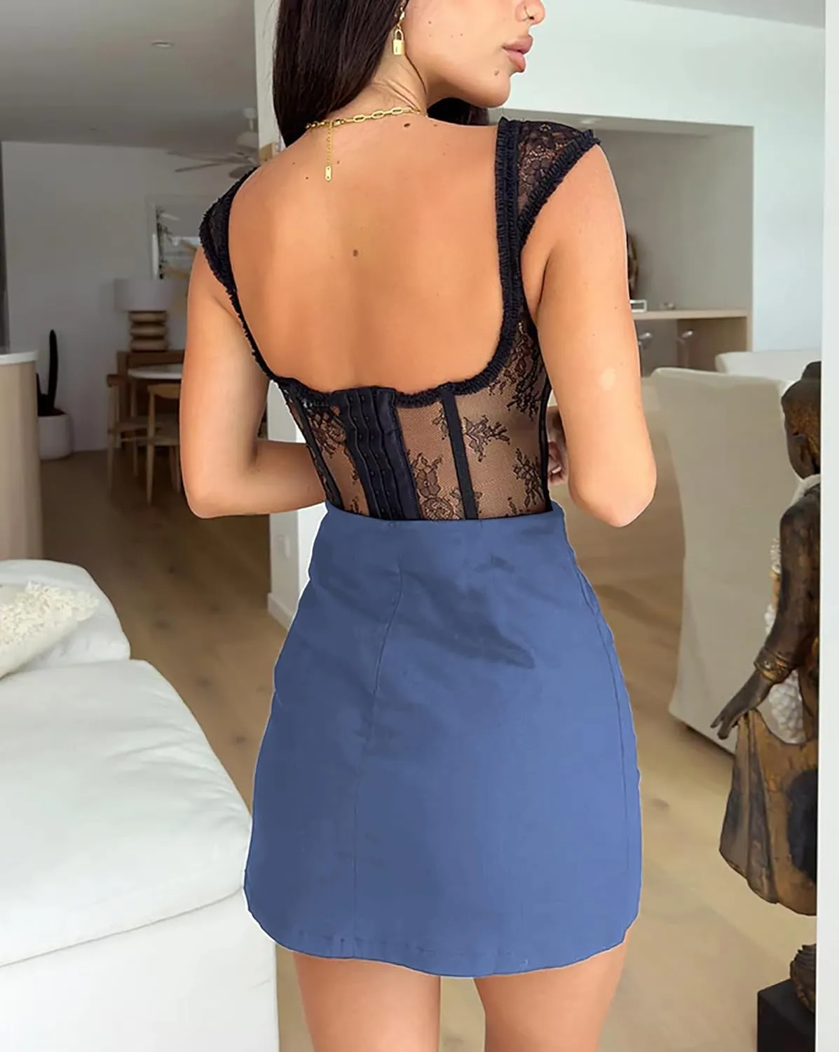 Mini Skirt with Slit High Waist Elastic Bodycon Mini Skort for Women