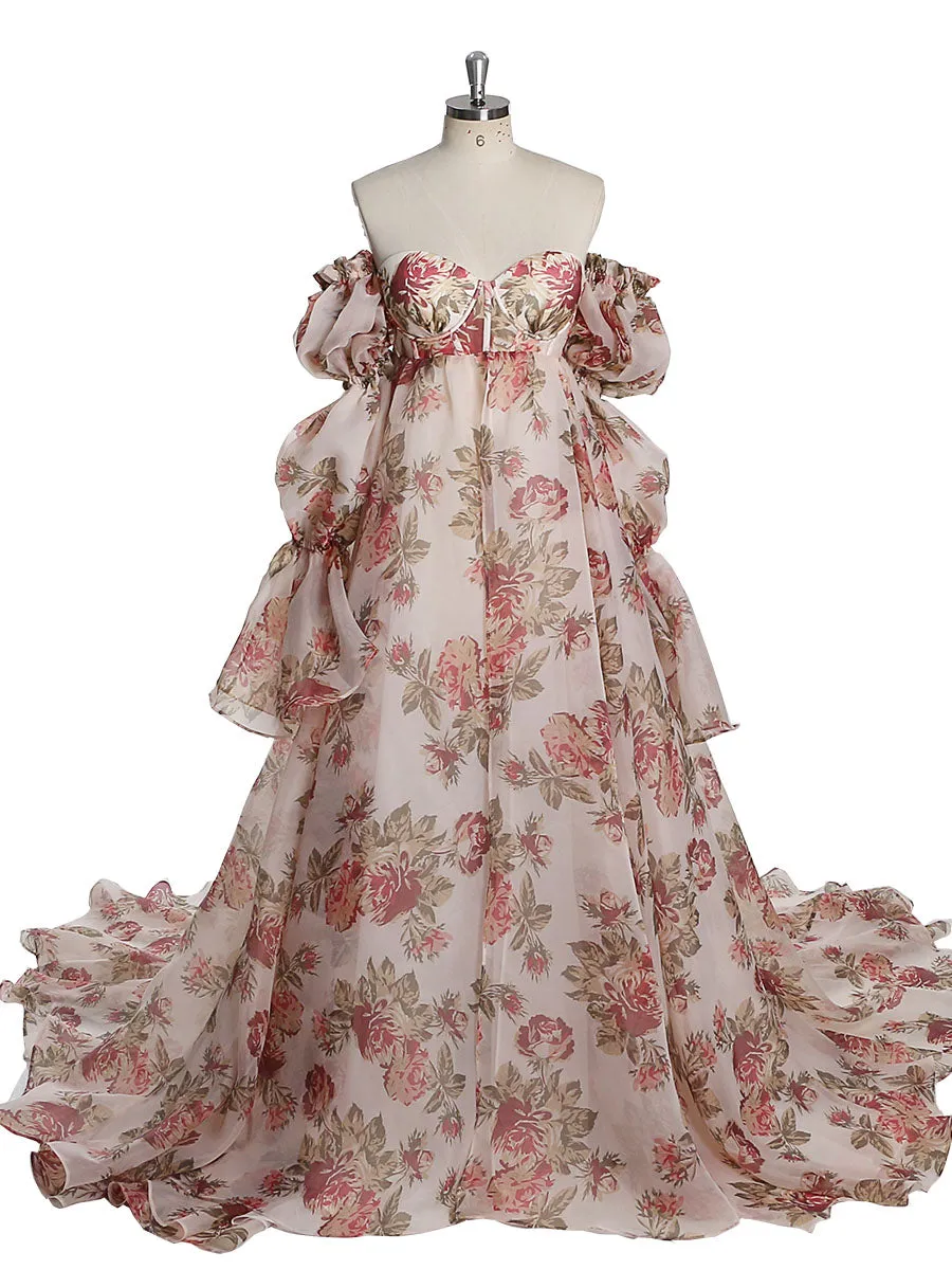 New Floral Printing Silk Organza Maternity Dresses for Photoshoot Baby Shower Photography Props Lace Up Back  YW221105