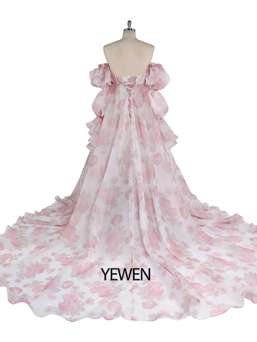 New Floral Printing Silk Organza Maternity Dresses for Photoshoot Baby Shower Photography Props Lace Up Back  YW221105