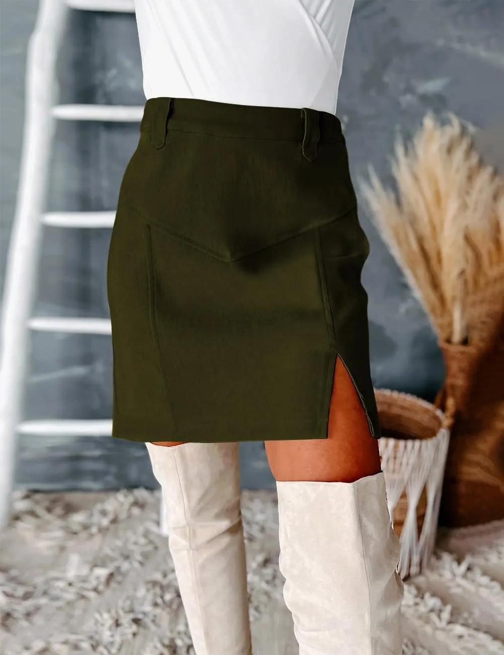 Pasgreson Women's Cargo Skirt Mini High Waist Side Slit Bodycon Y2k Denim Short Skirts
