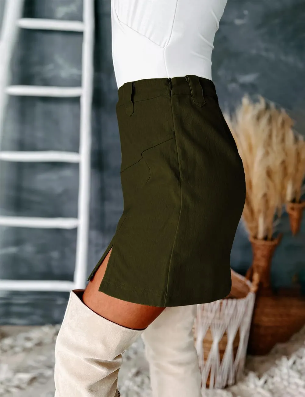 Pasgreson Women's Cargo Skirt Mini High Waist Side Slit Bodycon Y2k Denim Short Skirts