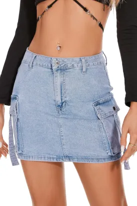 PEIQI Sexy High Waist Cargo Skirt for Women Stretchy Button Mini Cargo Denim Skirt with Pockets