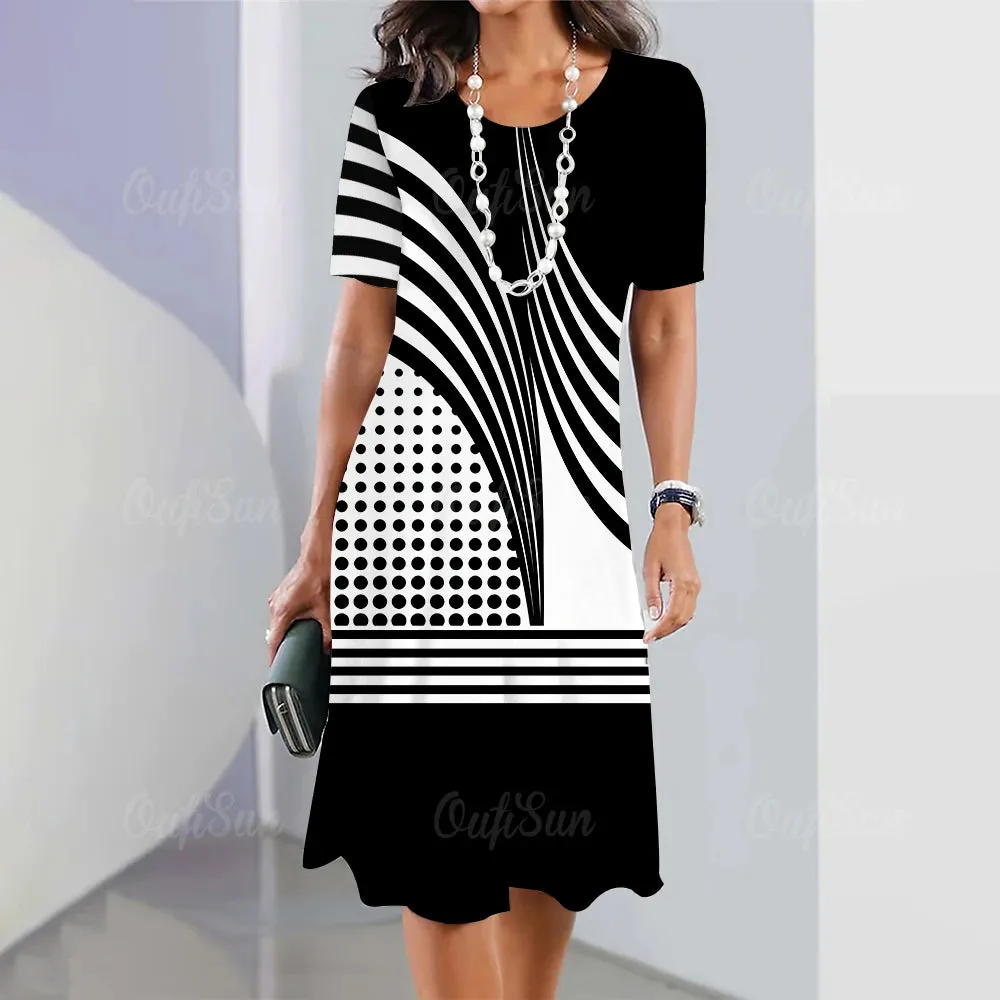 Pinstripe Print Women Mini Skirt Fashion Summer Knee Dresses Street Elegant Playful Dresses 2023 O Neck Female Y2k Top Pullovers