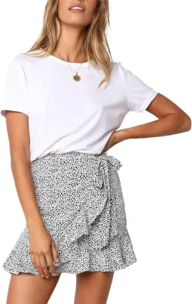 Relipop Women's Stretchy Cotton High Waist Ruffle Wrap Tie Knot Fishtail Mini Skirt