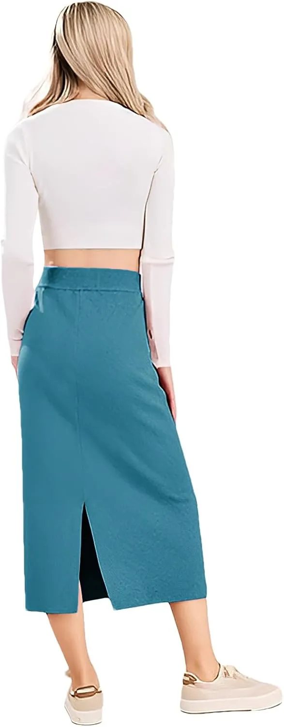 rismart Women Knitting Pencil Skirt Casual Below The Knee Stretch High Waist Elastic Skirts