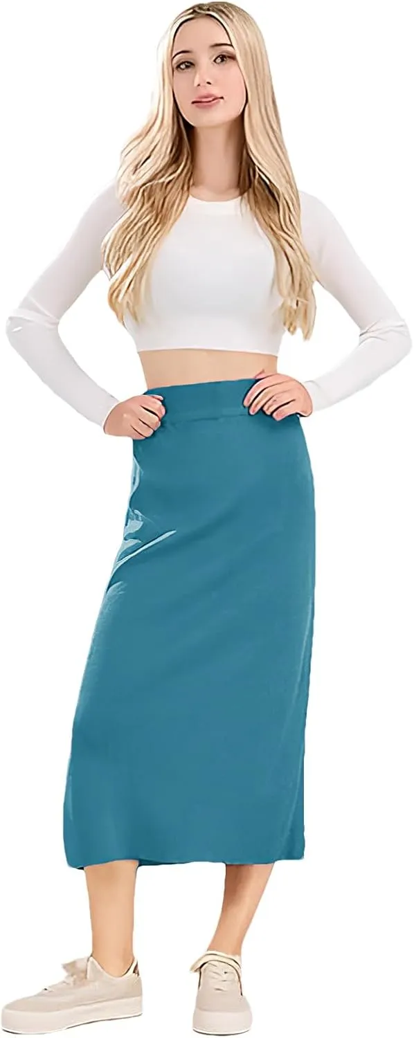 rismart Women Knitting Pencil Skirt Casual Below The Knee Stretch High Waist Elastic Skirts