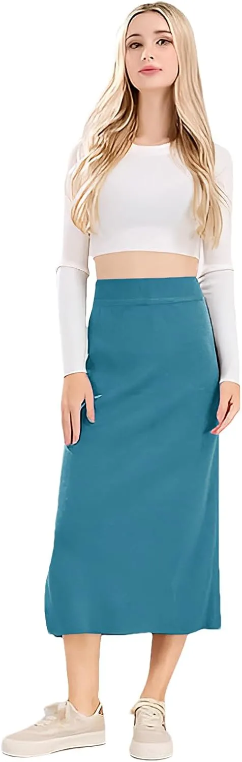 rismart Women Knitting Pencil Skirt Casual Below The Knee Stretch High Waist Elastic Skirts