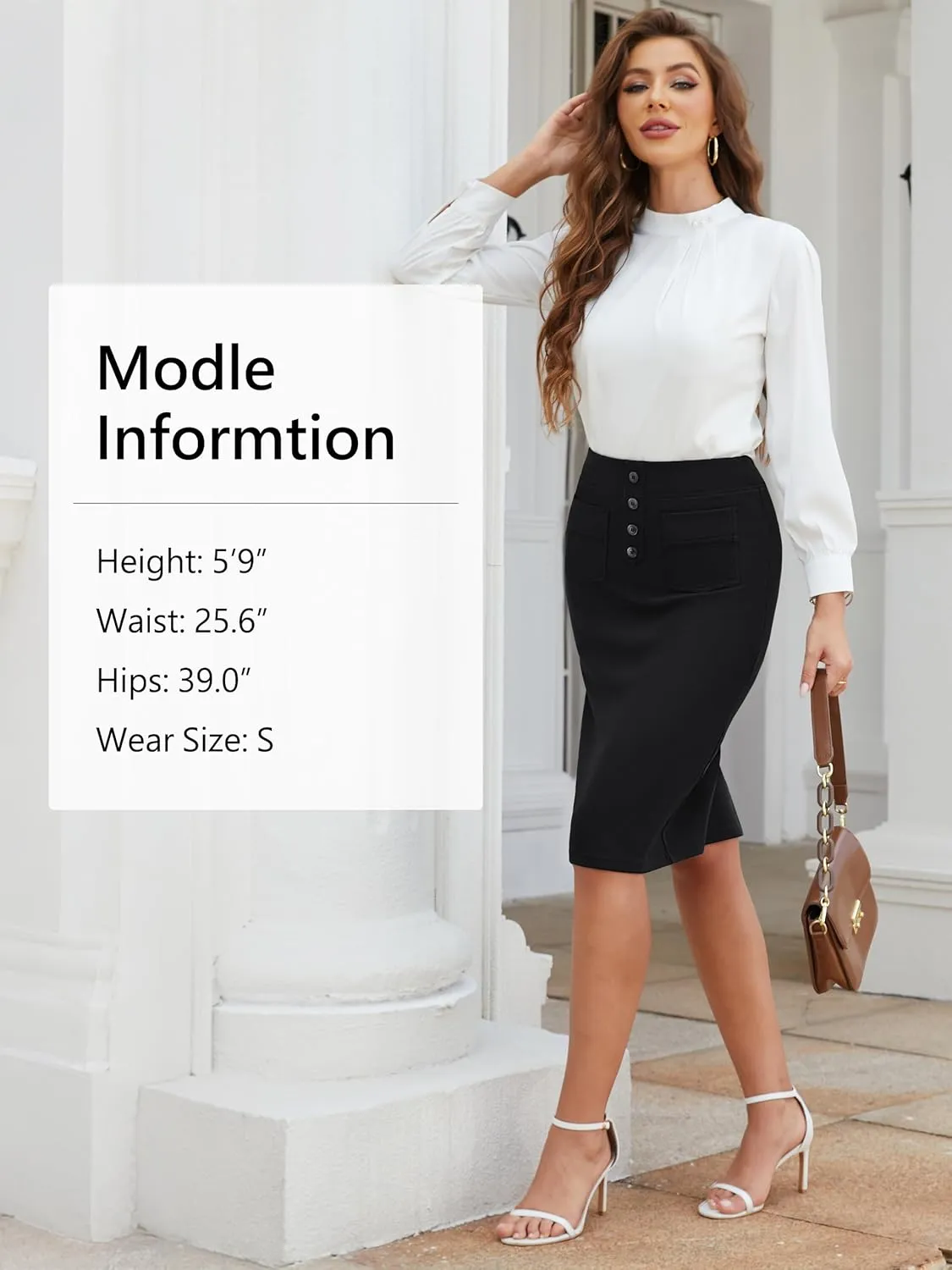 SEVEGO Women's Pencil Skirt Stretch High Waist Below Knee Bodycon for Office Casual with Patch Pockets