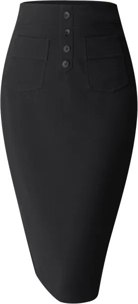 SEVEGO Women's Pencil Skirt Stretch High Waist Below Knee Bodycon for Office Casual with Patch Pockets