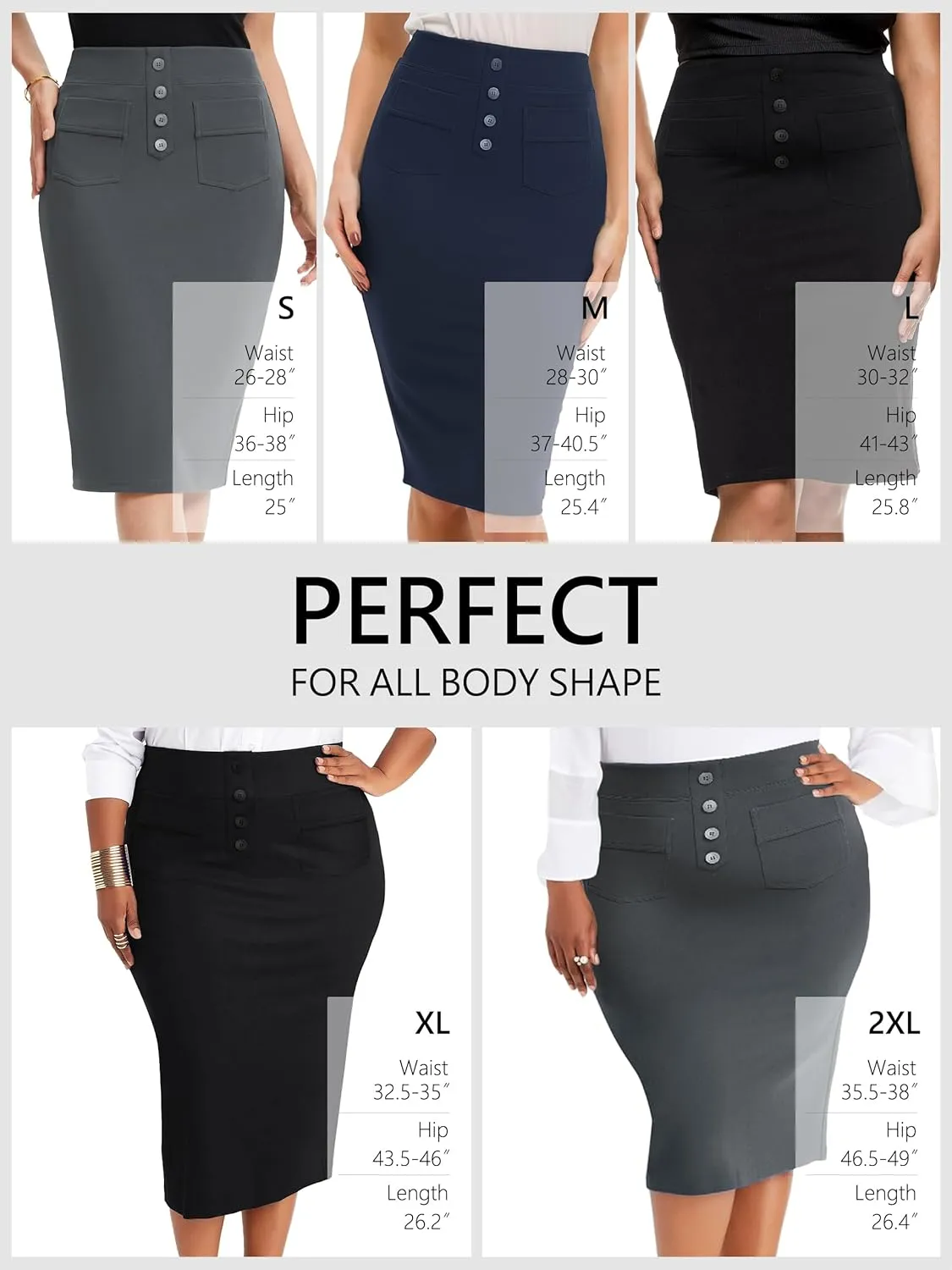 SEVEGO Women's Pencil Skirt Stretch High Waist Below Knee Bodycon for Office Casual with Patch Pockets