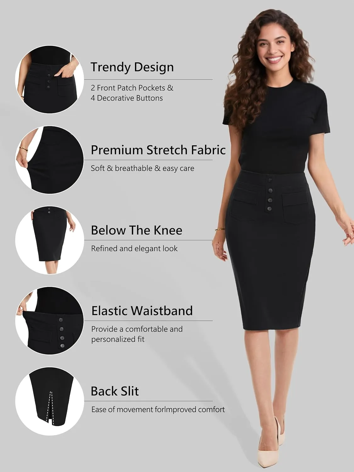 SEVEGO Women's Pencil Skirt Stretch High Waist Below Knee Bodycon for Office Casual with Patch Pockets
