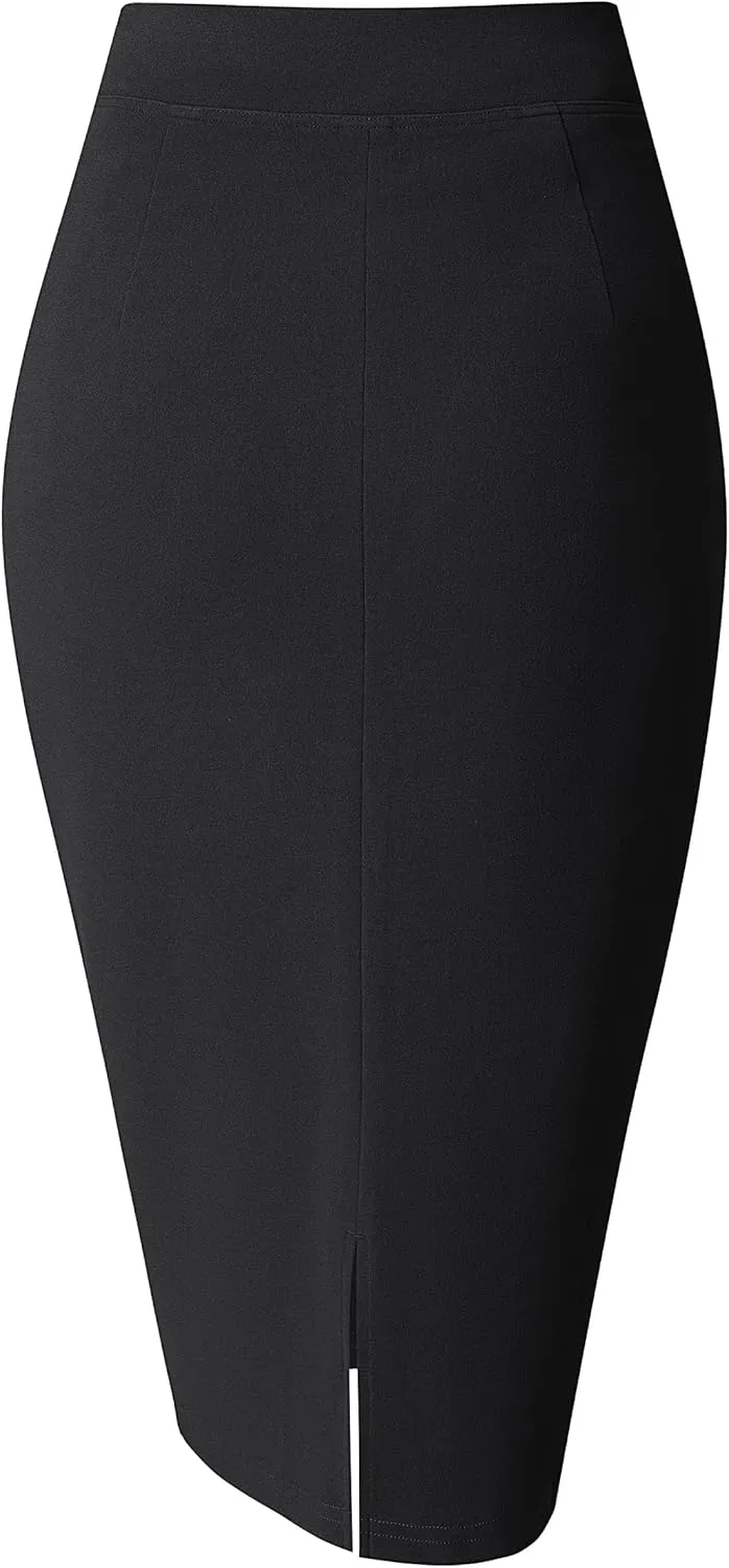 SEVEGO Women's Pencil Skirt Stretch High Waist Below Knee Bodycon for Office Casual with Patch Pockets