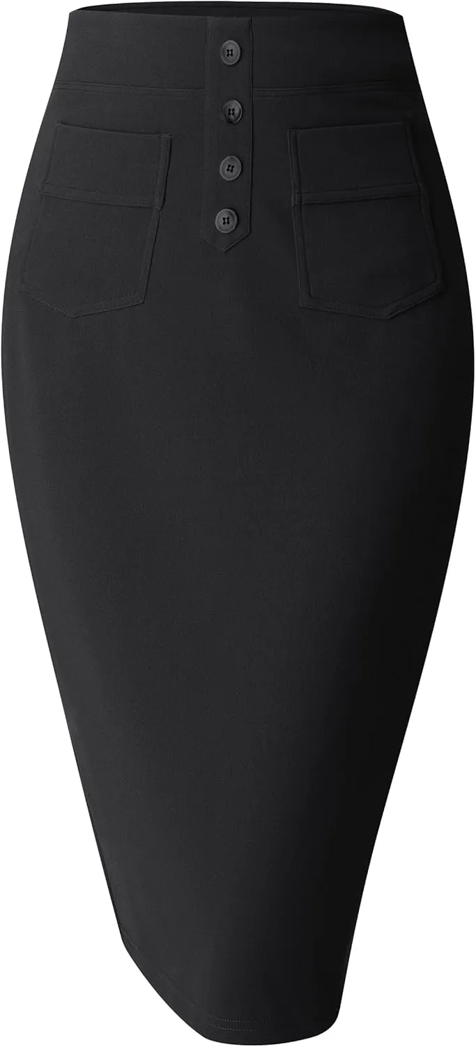 SEVEGO Women's Pencil Skirt Stretch High Waist Below Knee Bodycon for Office Casual with Patch Pockets