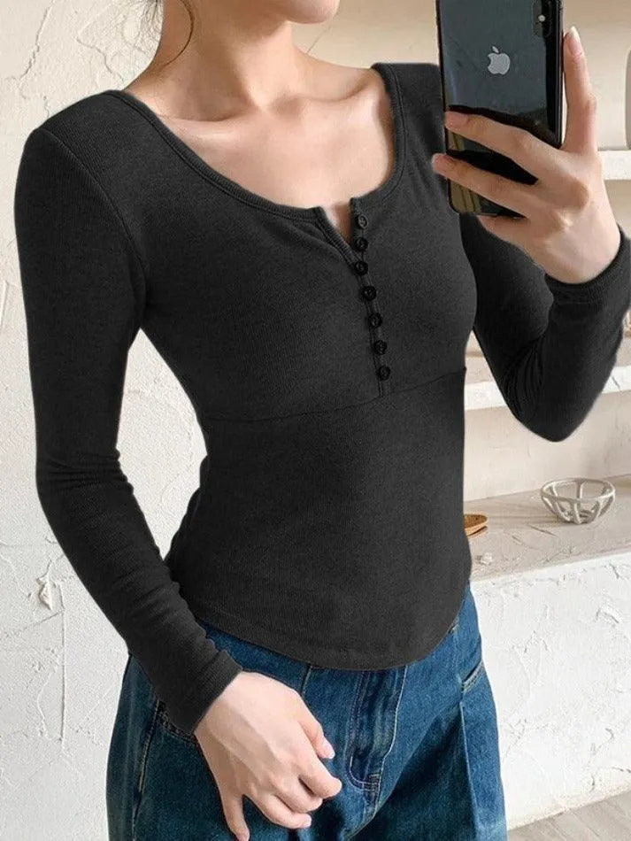 Solid Breasted Slim Long Sleeve Tee