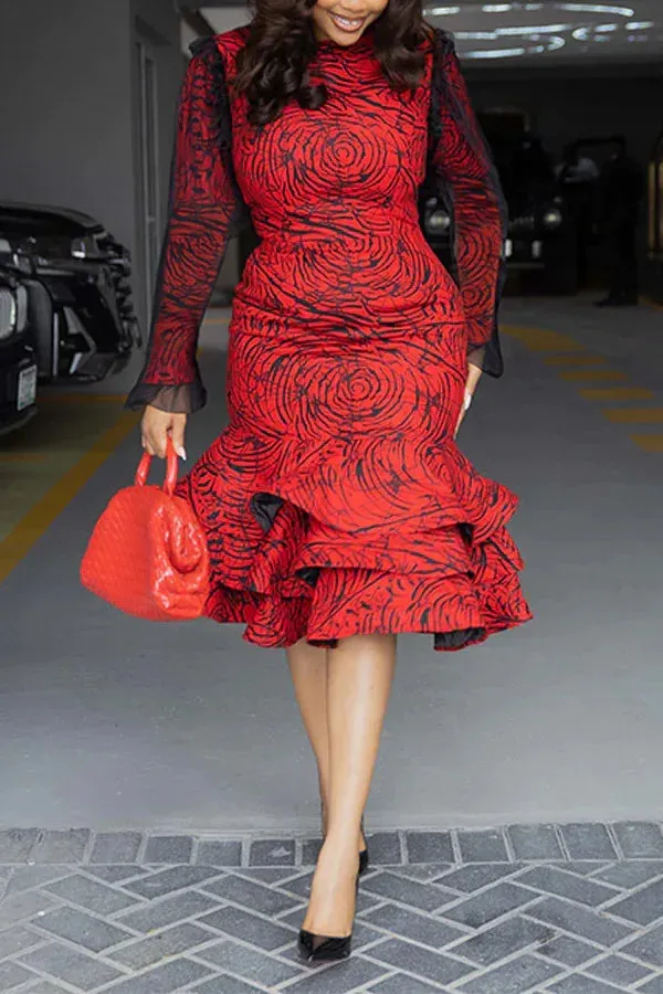 Spring Autumn Women's Printed Dress Fashionable Round Neck Casual Women's Mesh Splicing Ruffle Party Dress Elegant Office Dress