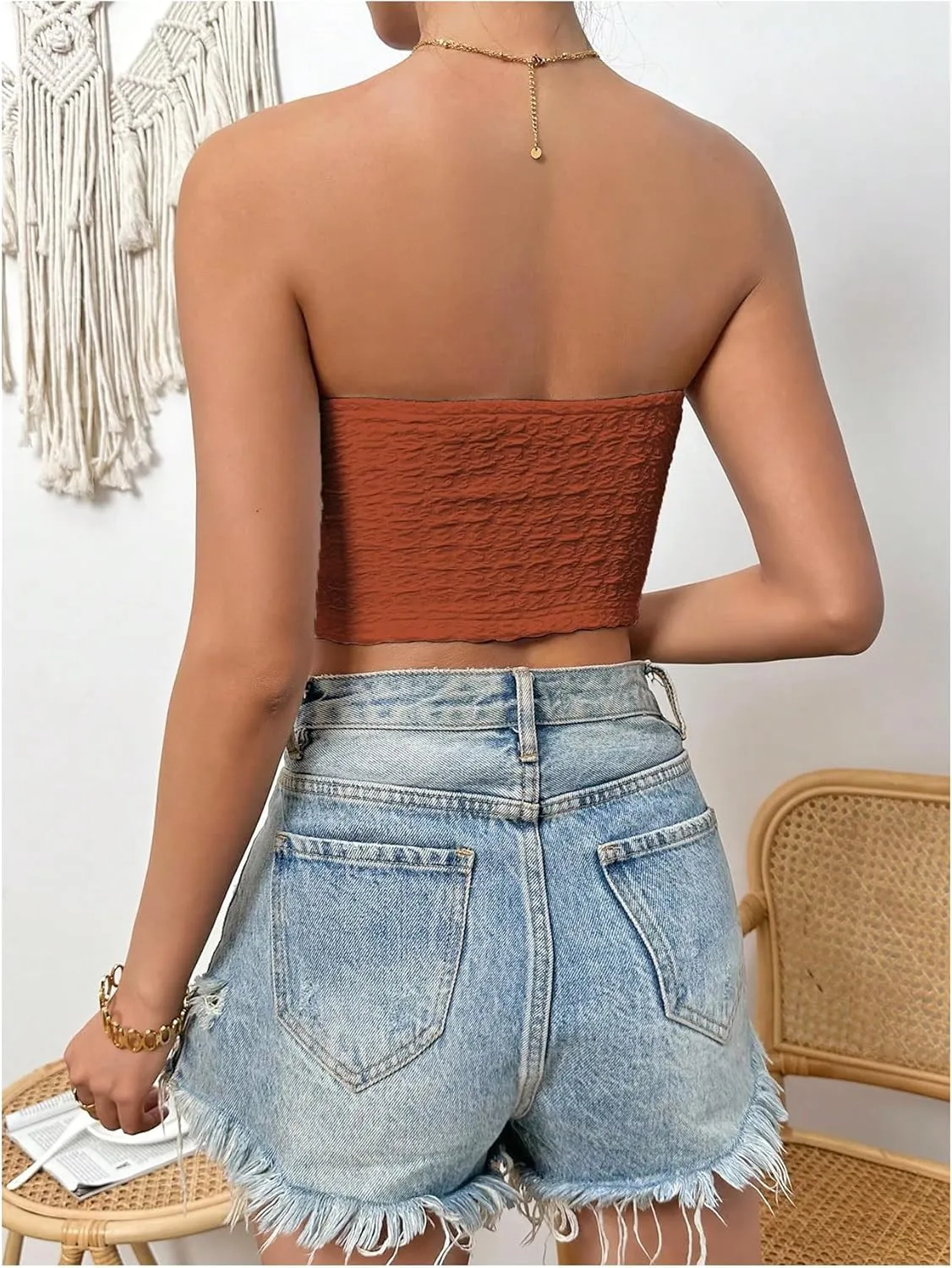 SweatyRocks Women's Casual Sleeveless Smocked Bandeau Top Strapless Slim Fit Crop Tube Tops
