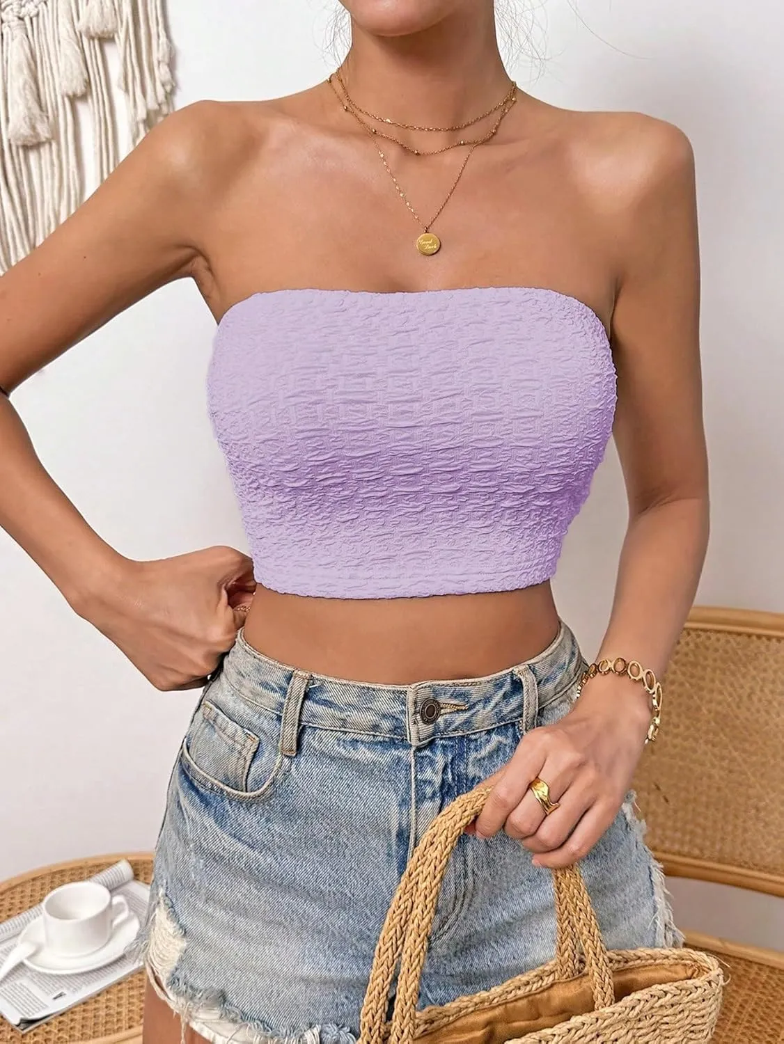 SweatyRocks Women's Casual Sleeveless Smocked Bandeau Top Strapless Slim Fit Crop Tube Tops