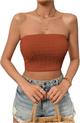 SweatyRocks Women's Casual Sleeveless Smocked Bandeau Top Strapless Slim Fit Crop Tube Tops