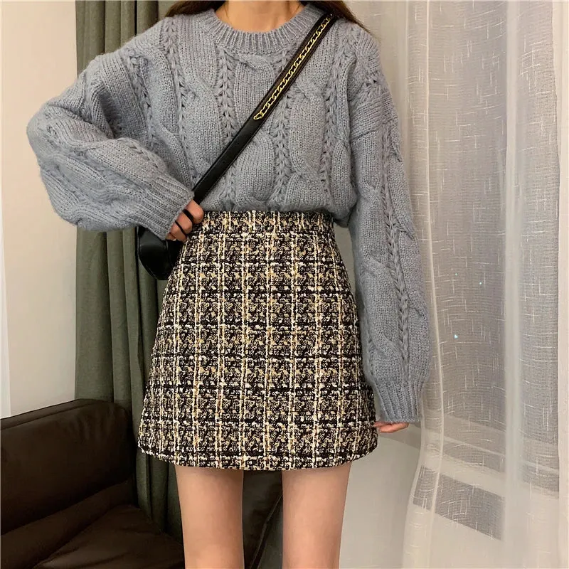 Toleet-Fall Winter Plaid Wool Skirt Womens Plus Size Thick Woolen Glitter Mini Tweed Skirt Saia Feminina