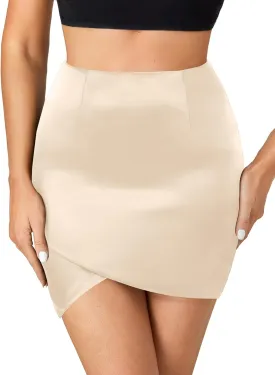 Umenlele Women's Satin Silky High Waist Warp Asymmetrical Tulip Hem Bodycon Pencil Short Mini Skirt