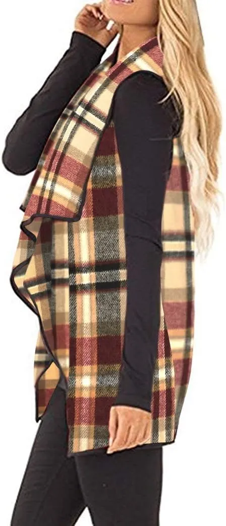 Unidear Womens Buffalo Plaid Vest Casual Lapel Open Front Sleeveless Cardigan Jacket Coat with Pockets