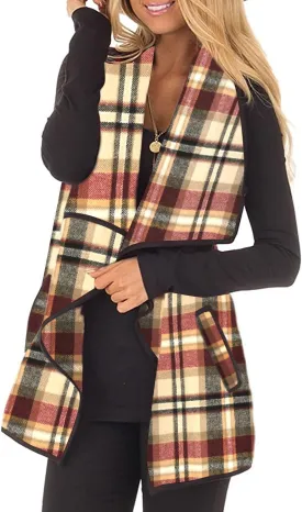 Unidear Womens Buffalo Plaid Vest Casual Lapel Open Front Sleeveless Cardigan Jacket Coat with Pockets