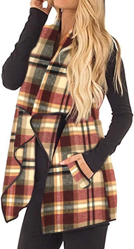 Unidear Womens Buffalo Plaid Vest Casual Lapel Open Front Sleeveless Cardigan Jacket Coat with Pockets