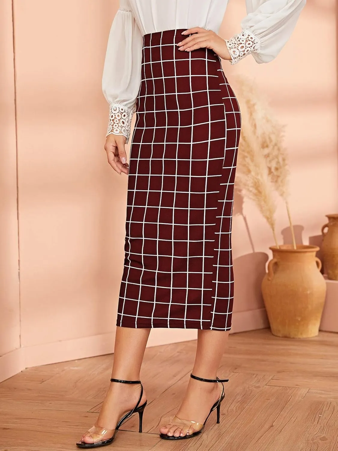 Verdusa Women's Elegant Plaid Elastic Waist Bodycon Midi Skirt