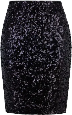 Vijiv Women's Sequin Skirt Midi High Waist Elegant Stretchy Sparkle Side Slit Pencil Skirt Party Cocktail