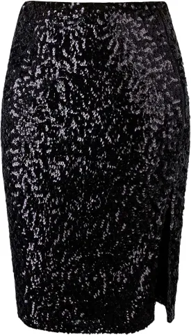 Vijiv Women's Sequin Skirt Midi High Waist Elegant Stretchy Sparkle Side Slit Pencil Skirt Party Cocktail