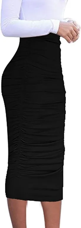 Vivicastle Women's USA Ruched Frill Ruffle High Waist Pencil Mid-Calf Skirt