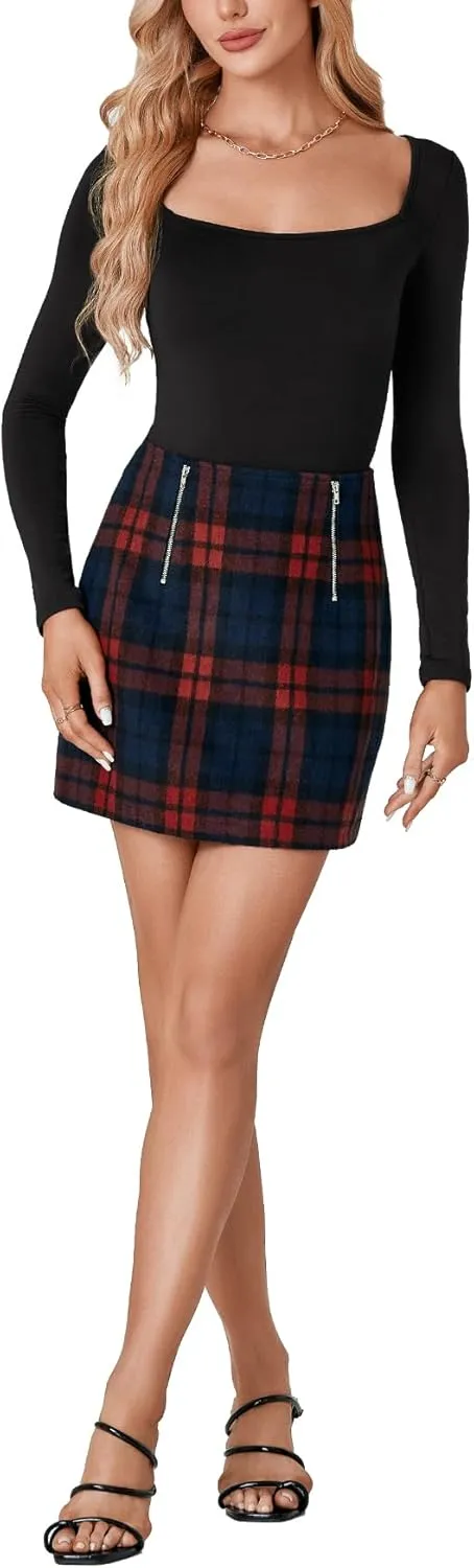 Vrtige Women's Plaid Skirt for Women High Waist A Line Fall Bodycon Pencil Mini Skirt