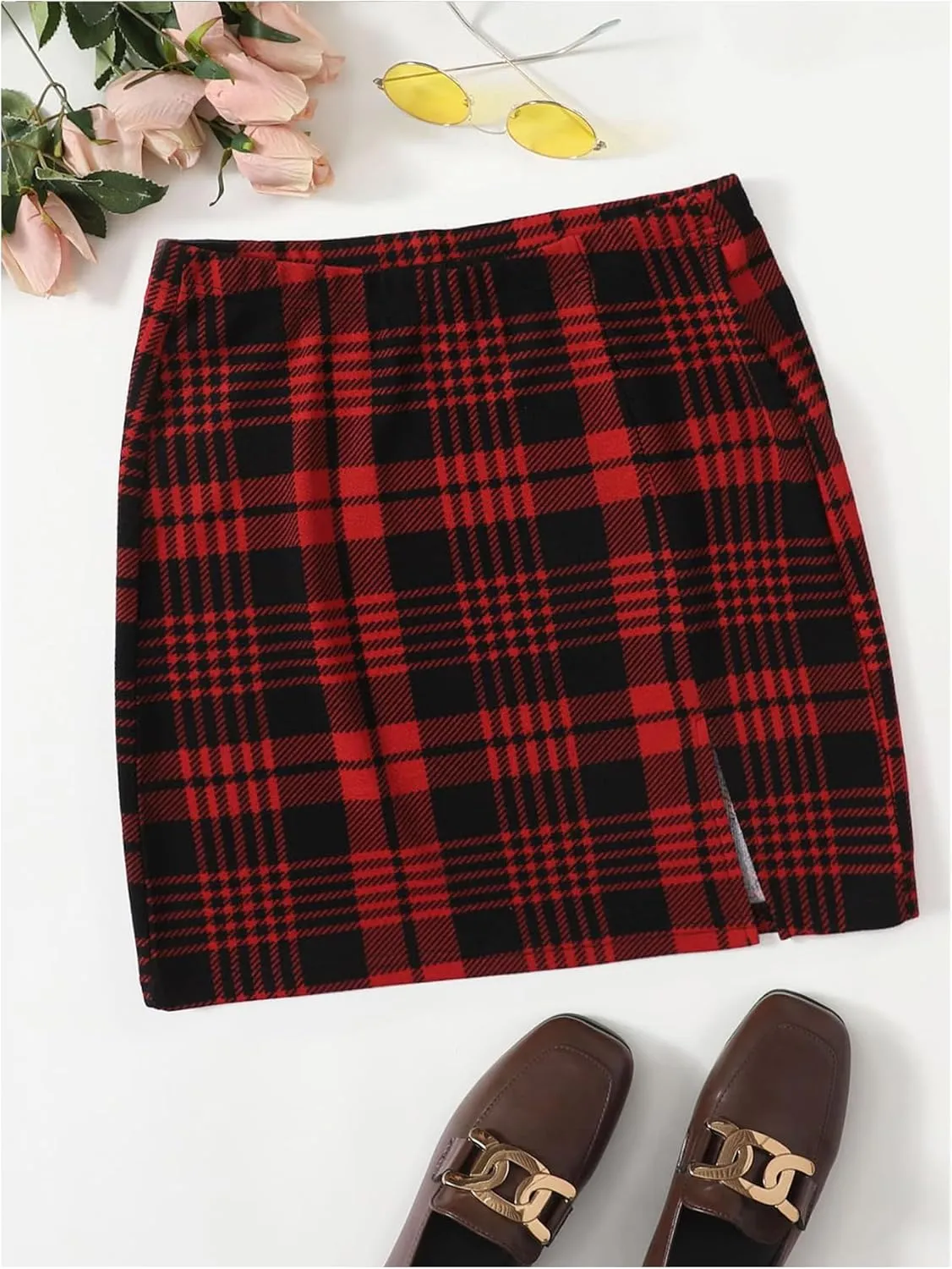 WDIRARA Women's Plaid Print Slit Hem Mini Pencil Skirt High Waist Bodycon Short Skirts