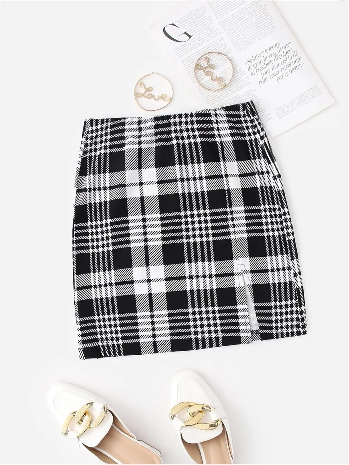 WDIRARA Women's Plaid Print Slit Hem Mini Pencil Skirt High Waist Bodycon Short Skirts