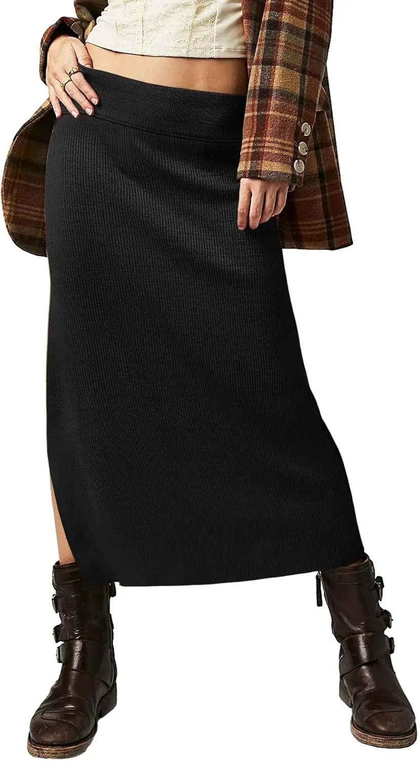 Wenrine Women's High Waist Midi Skirt Ribbed Knit Slit Hem Casual Bodycon Pencil Skirt