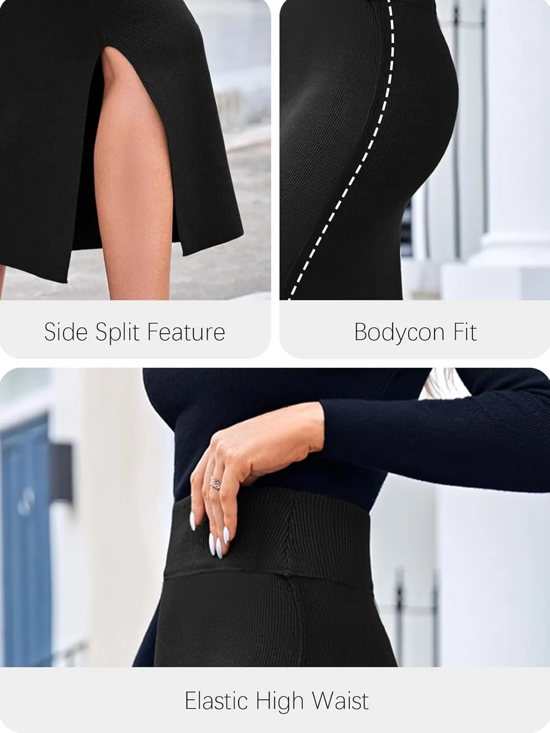 Wenrine Women's High Waist Midi Skirt Ribbed Knit Slit Hem Casual Bodycon Pencil Skirt