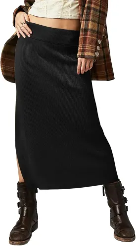 Wenrine Women's High Waist Midi Skirt Ribbed Knit Slit Hem Casual Bodycon Pencil Skirt