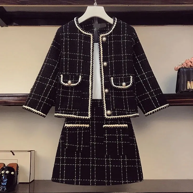 Women Fried Street Tweed Suit 2023 New Spring Autumn Wool Jacket   Skirt Female Fashion Loose Tweed Skirts Two-Piece Set