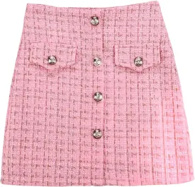 Women Tweed Mini Skirts Elegant Plaid Button A-line High Waist Bodycon Pencil Wrap Short Skirts