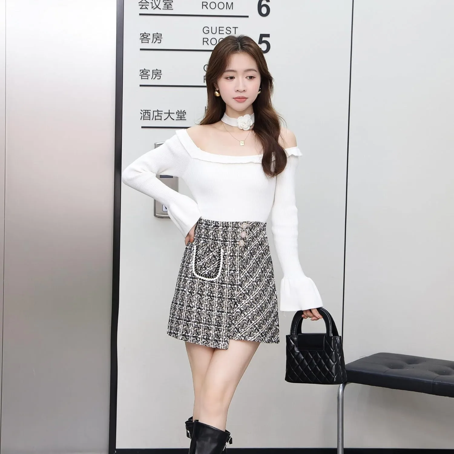 Women Tweed Mini Skirts Elegant Plaid Button A-line High Waist Bodycon Pencil Wrap Short Skirts