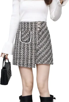 Women Tweed Mini Skirts Elegant Plaid Button A-line High Waist Bodycon Pencil Wrap Short Skirts